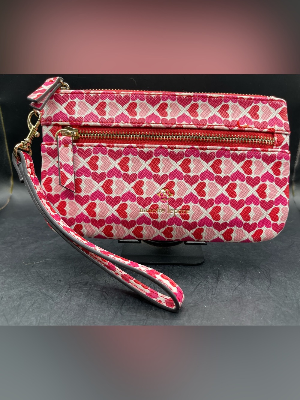 Nanette Lepore Pink & Red Heart Print Wristlet Clutch with Gold Accent
